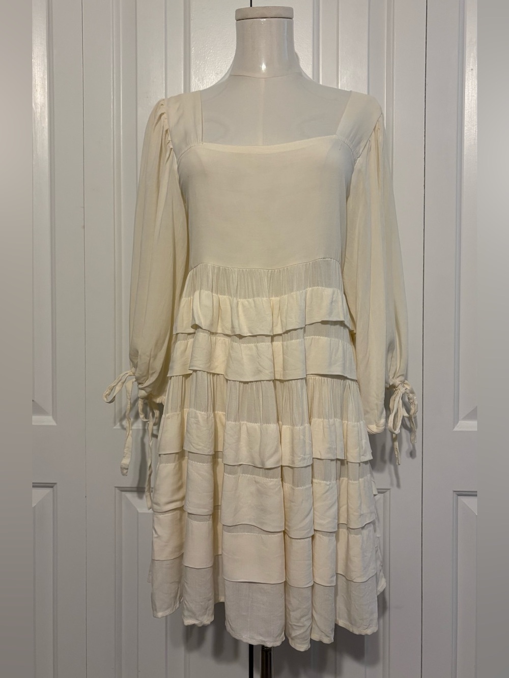 Ivory Tiered Babydoll Dress with Smocking and Long Billowy Sleeves , Size S